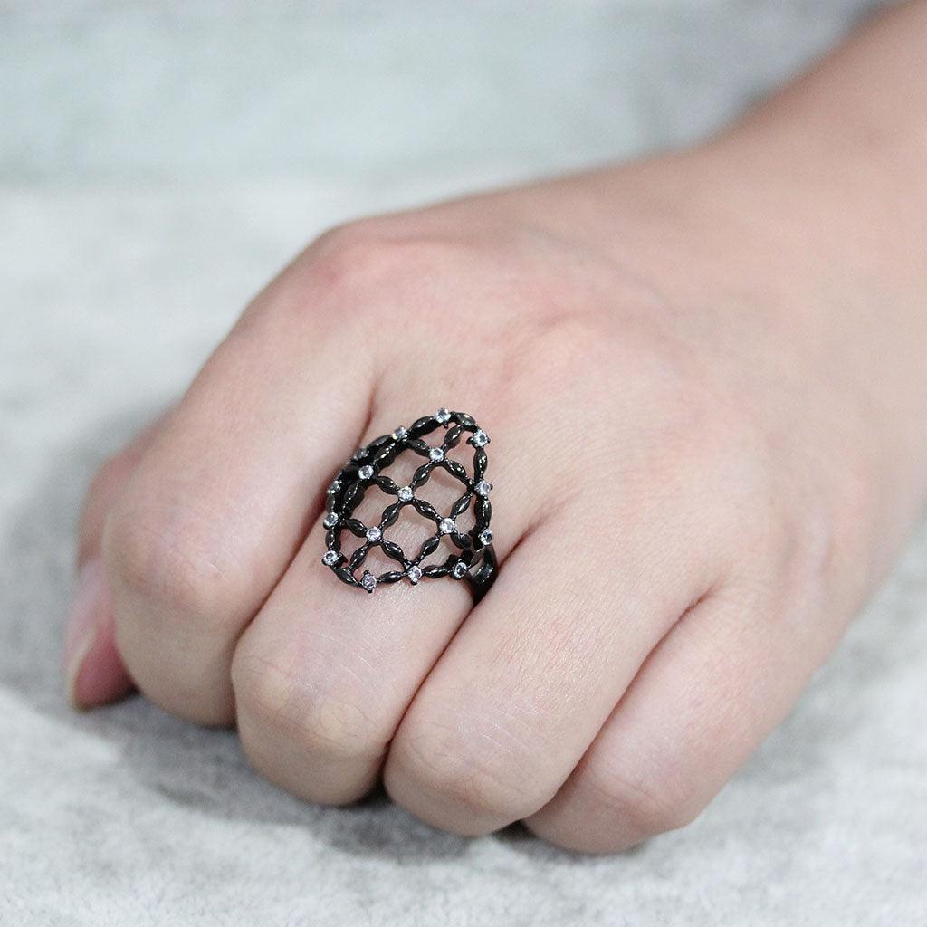 Womens Light Black Ring Anillo Para Mujer Stainless Steel Ring with AAA Grade CZ in Clear Dahlia - Jewelry Store by Erik Rayo