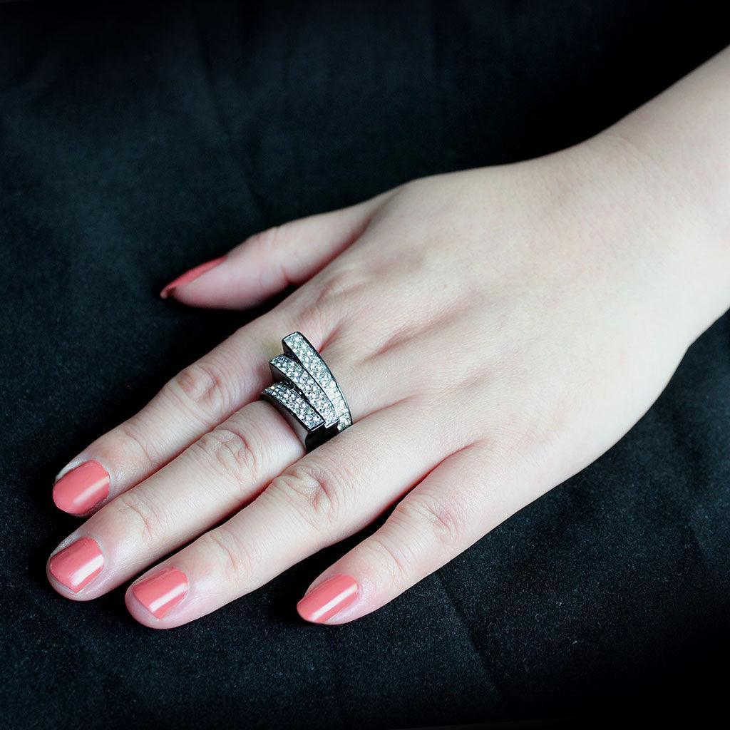 Womens Light Black Ring Anillo Para Mujer Stainless Steel Ring with Top Grade Crystal in Clear Maddalena - Jewelry Store by Erik Rayo