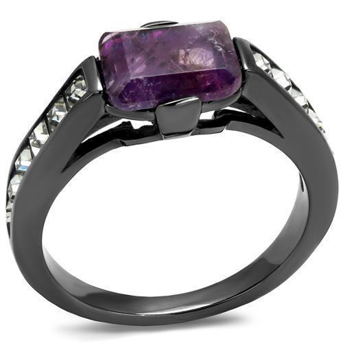 Womens Light Black Ring Anillo Para Mujer 316L Stainless Steel Ring with Precious Stone Amethyst Crystal in Amethyst Corinne - Jewelry Store by Erik Rayo
