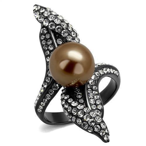 Womens Light Black Ring Anillo Para Mujer 316L Stainless Steel Ring with Synthetic Pearl in Brown Elowen - Jewelry Store by Erik Rayo