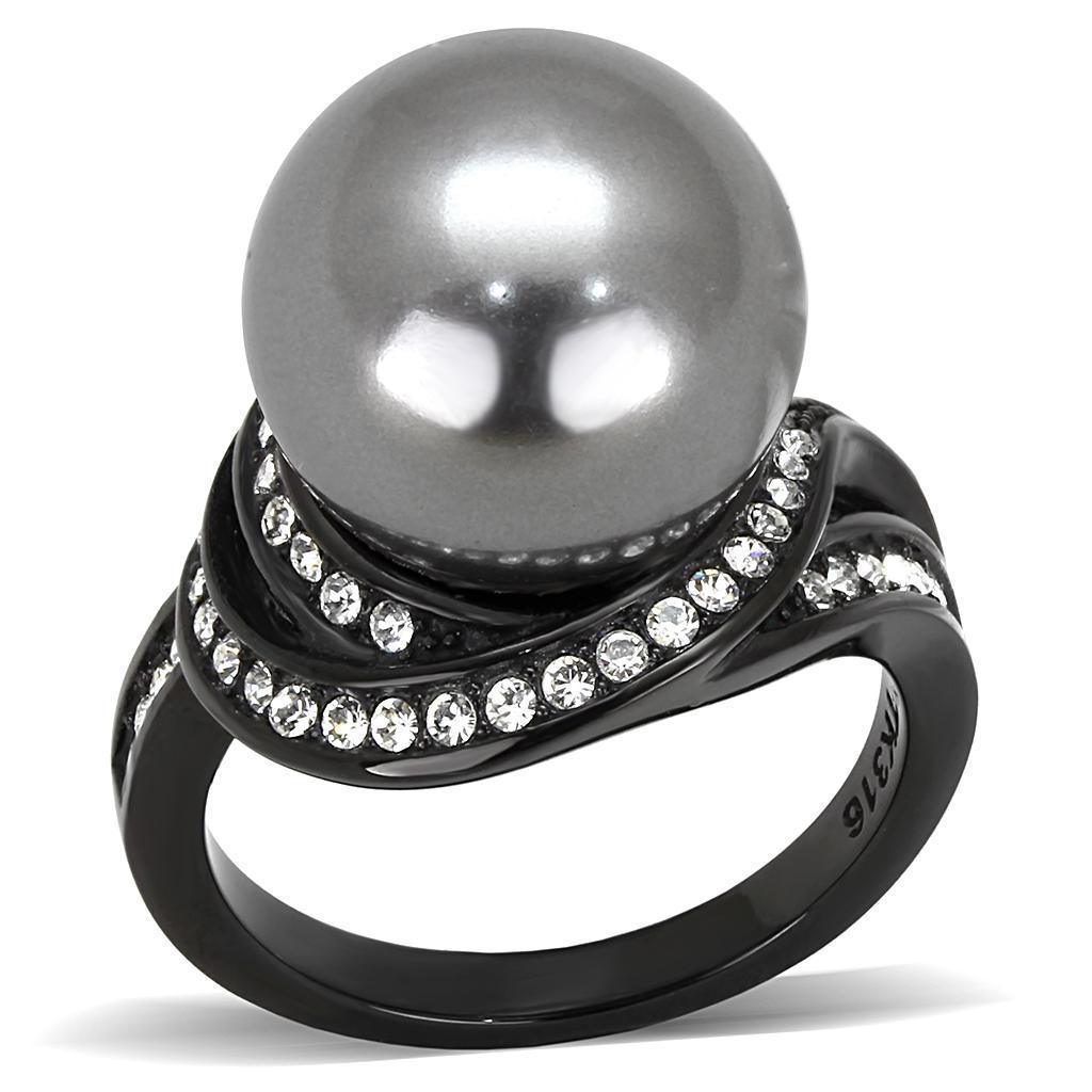 Womens Light Black Ring Anillo Para Mujer 316L Stainless Steel Ring with Synthetic Pearl in Gray Estelia - Jewelry Store by Erik Rayo