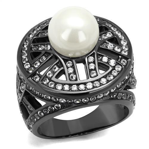 Womens Light Black Ring Anillo Para Mujer 316L Stainless Steel Ring with Synthetic Pearl in White Verona - Jewelry Store by Erik Rayo