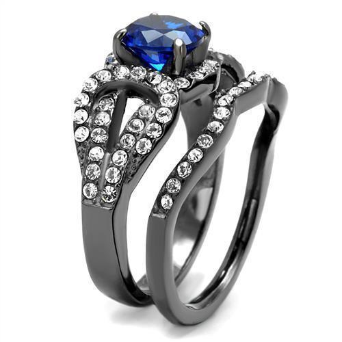Womens Light Black Ring Anillo Para Mujer 316L Stainless Steel Ring with Synthetic Spinel in London Blue Damascus - Jewelry Store by Erik Rayo