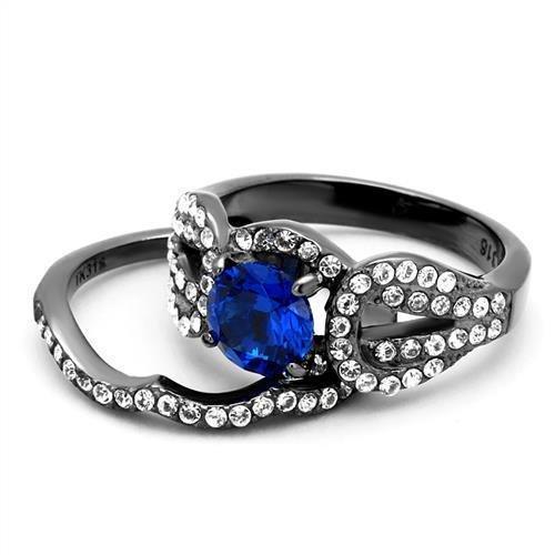 Womens Light Black Ring Anillo Para Mujer 316L Stainless Steel Ring with Synthetic Spinel in London Blue Damascus - Jewelry Store by Erik Rayo
