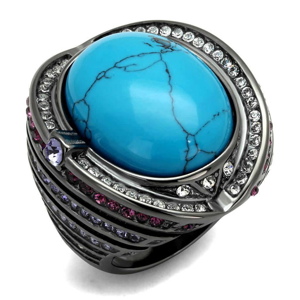 Womens Light Black Ring Anillo Para Mujer 316L Stainless Steel Ring with Synthetic Turquoise in Sea Blue Alima - Jewelry Store by Erik Rayo