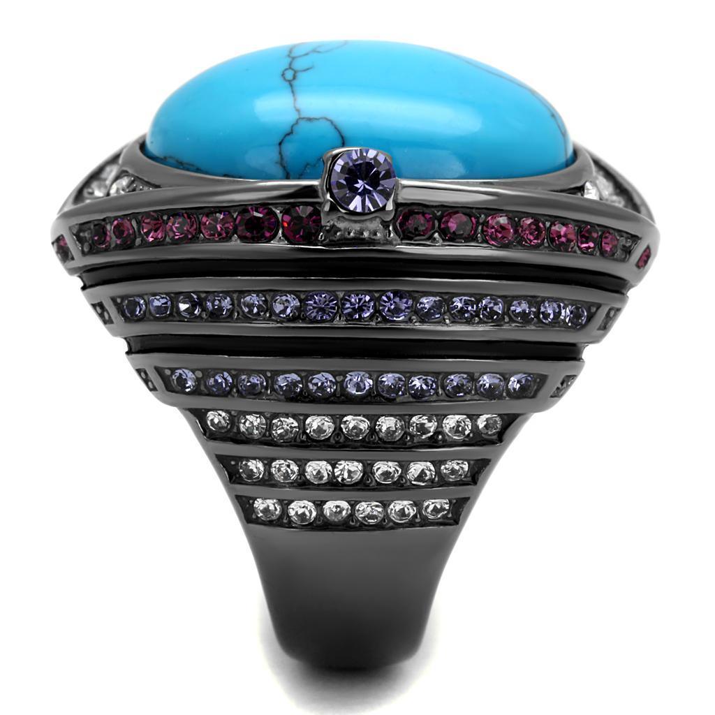 Womens Light Black Ring Anillo Para Mujer 316L Stainless Steel Ring with Synthetic Turquoise in Sea Blue Alima - Jewelry Store by Erik Rayo