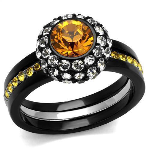 Womens Orange Black Ring Anillo Para Mujer Girls 316L Stainless Steel Ring with Top Grade Crystal in Topaz Makena - Jewelry Store by Erik Rayo