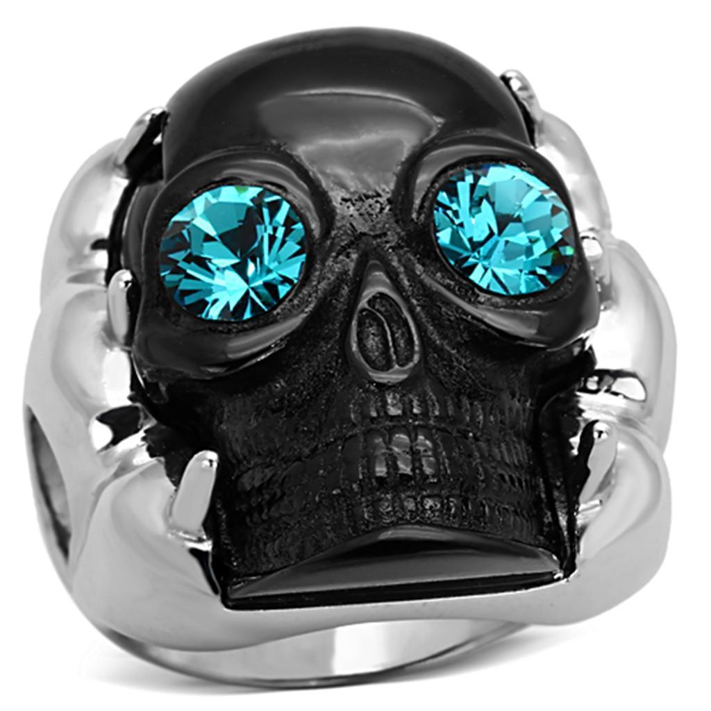 Womens Ring Black Skull Blue Eyes Anillo Para Mujer 316L Stainless Steel Ring with Top Grade Crystal in Blue Zircon Ragusa - Jewelry Store by Erik Rayo