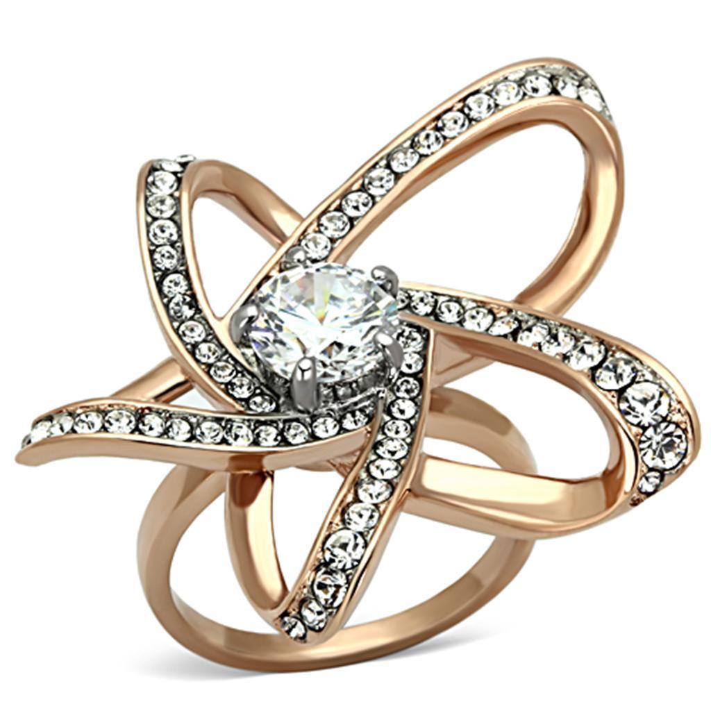 Rings for Women Brown Spiral Flower Stainless Steel Ring with AAA Grade CZ in Clear - Jewelry Store by Erik Rayo