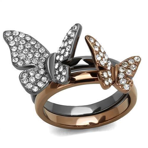 Womens Ring Butterflies Charcoal Brown Anillo Para Mujer Girls 316L Stainless Steel Ring with Top Grade Crystal in Clear Priscilla - Jewelry Store by Erik Rayo