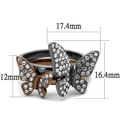 Womens Ring Butterflies Charcoal Brown Anillo Para Mujer Girls 316L Stainless Steel Ring with Top Grade Crystal in Clear Priscilla - Jewelry Store by Erik Rayo