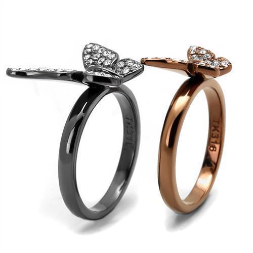 Womens Ring Butterflies Charcoal Brown Anillo Para Mujer Girls 316L Stainless Steel Ring with Top Grade Crystal in Clear Priscilla - Jewelry Store by Erik Rayo
