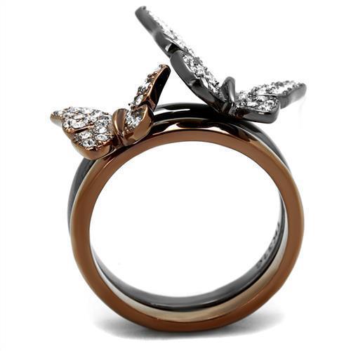 Rings for Women Coffe Brown Butterlfies Stainless Steel Ring with Top Grade Crystal in Clear - Jewelry Store by Erik Rayo