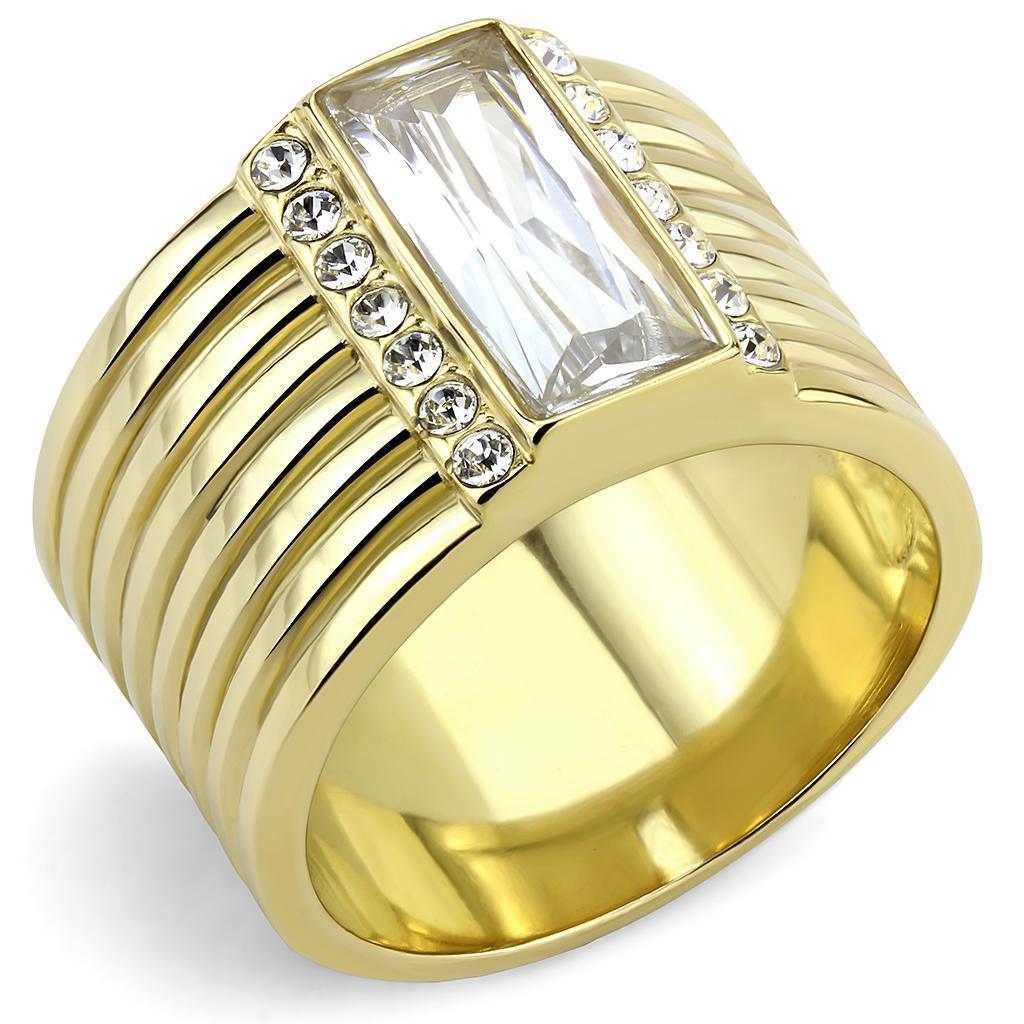 Rings for Women Rectangle Round Stainless Steel Ring with AAA Grade CZ in Clear - Jewelry Store by Erik Rayo