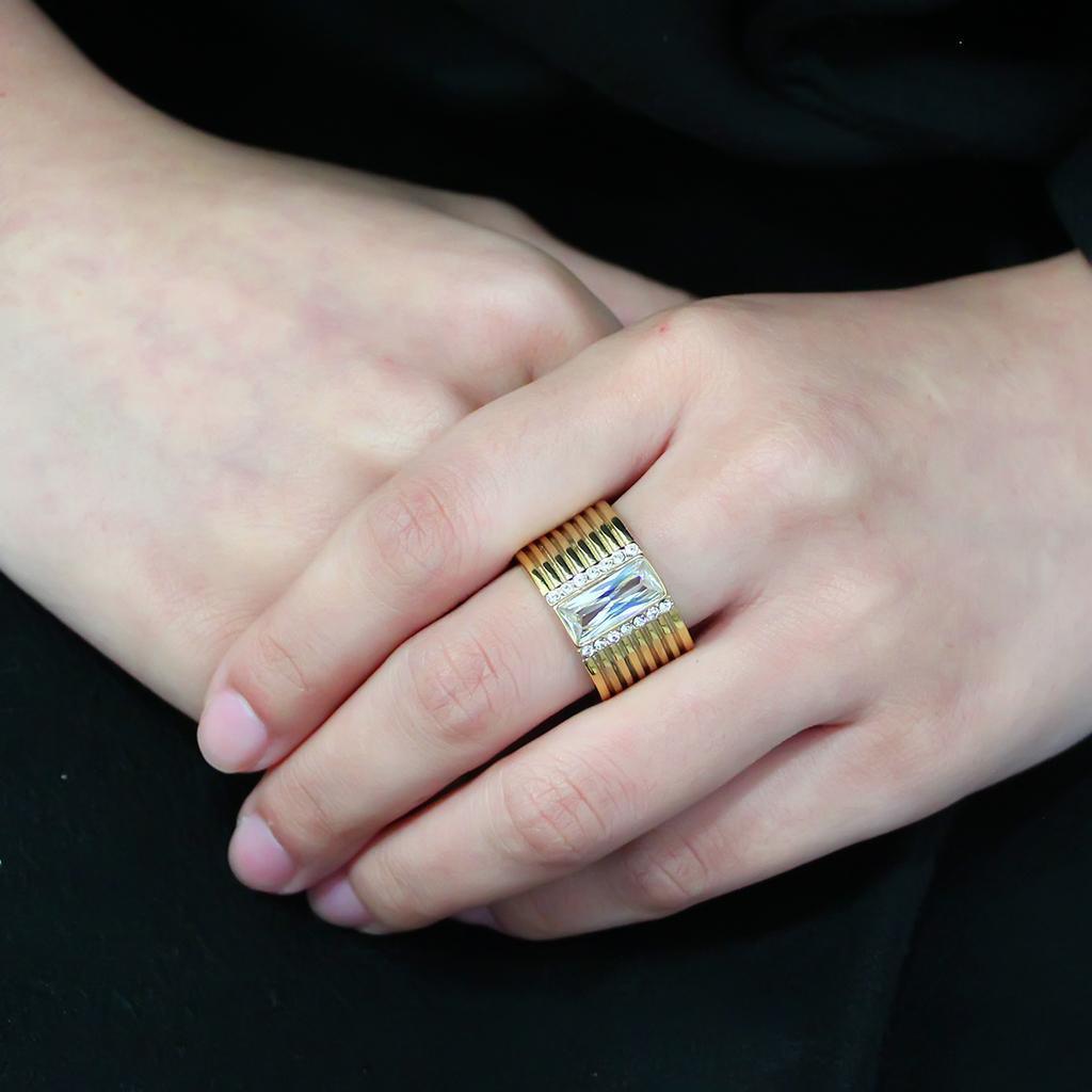 Rings for Women Rectangle Round Stainless Steel Ring with AAA Grade CZ in Clear - Jewelry Store by Erik Rayo