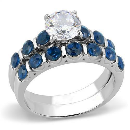 Rings for Women Round Clear Blue Sapphire CZ Stainless Steel Wedding Engagement Promise Ring Set - Jewelry Store by Erik Rayo