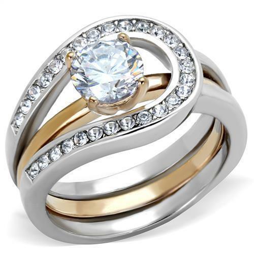 Rings for Women Stainless Steel Rose Gold EP Round cz Wedding Engagement 2 PC Tone Ring Set - Jewelry Store by Erik Rayo