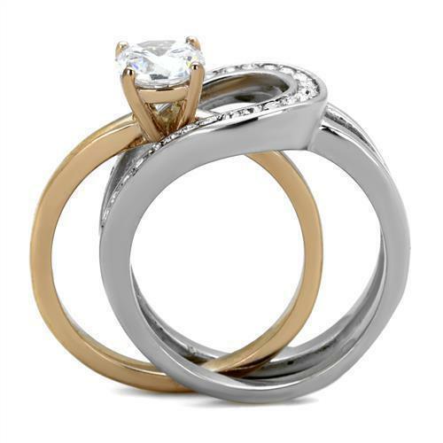 Rings for Women Stainless Steel Rose Gold EP Round cz Wedding Engagement 2 PC Tone Ring Set - Jewelry Store by Erik Rayo
