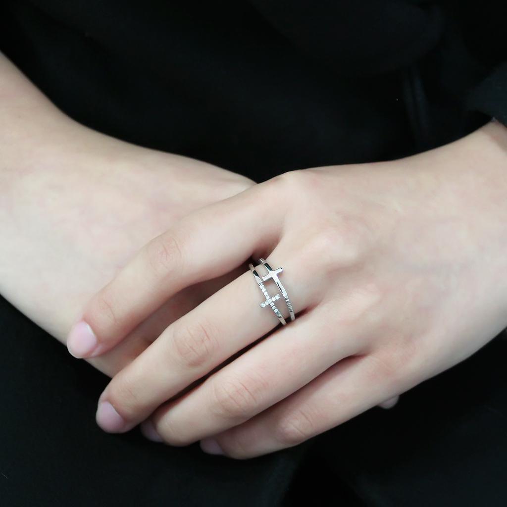Rings for Women Two Crosses Stainless Steel Ring with AAA Grade CZ in Clear - Jewelry Store by Erik Rayo