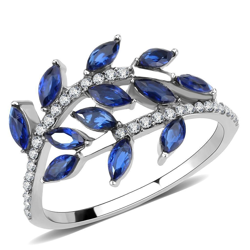 Rings for Womens Blue Leaves Stainless Steel Ring with Synthetic Spinel in London Blue - Jewelry Store by Erik Rayo