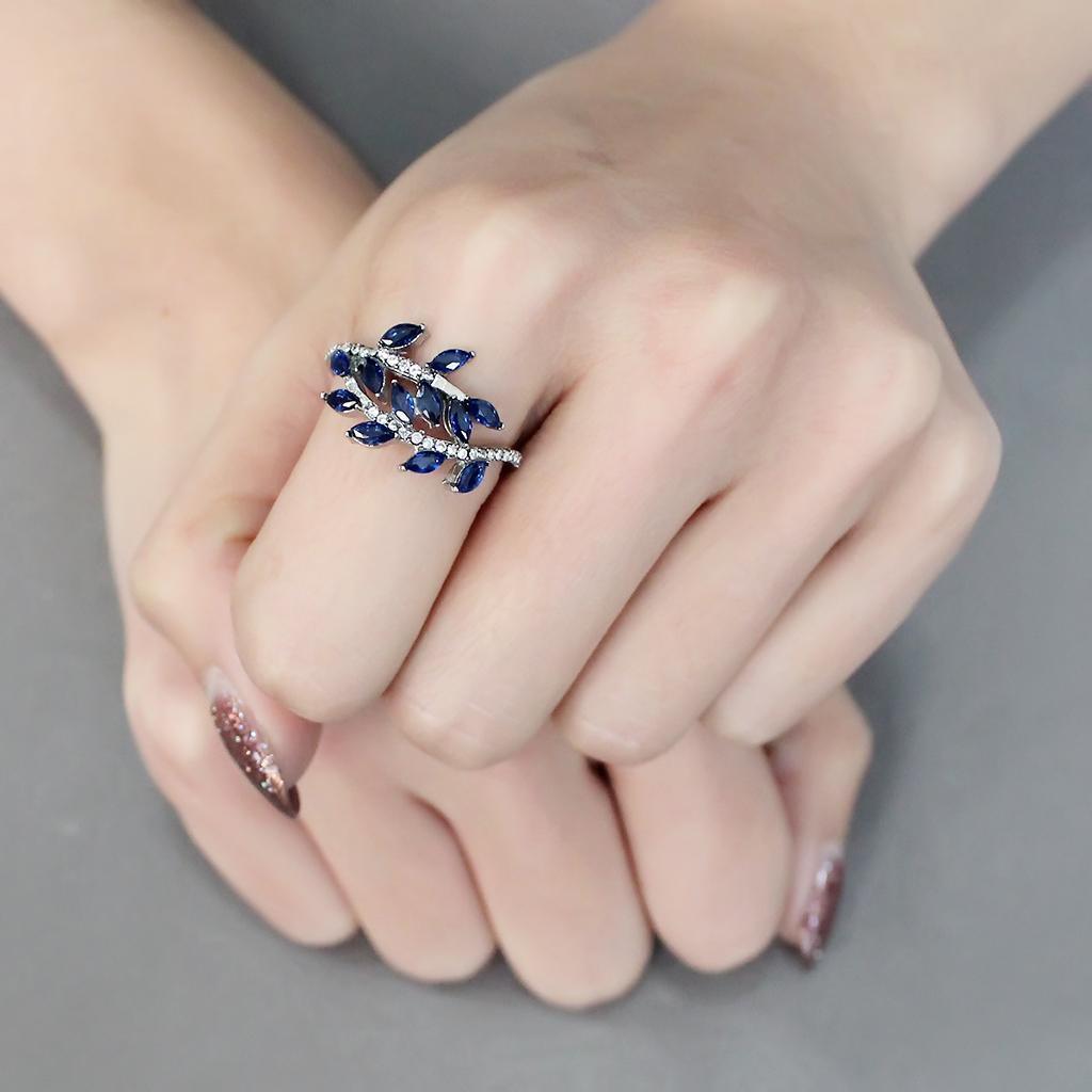 Rings for Womens Blue Leaves Stainless Steel Ring with Synthetic Spinel in London Blue - Jewelry Store by Erik Rayo