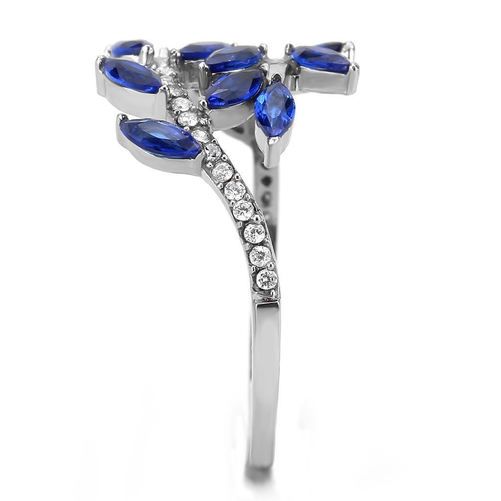 Rings for Womens Blue Leaves Stainless Steel Ring with Synthetic Spinel in London Blue - Jewelry Store by Erik Rayo