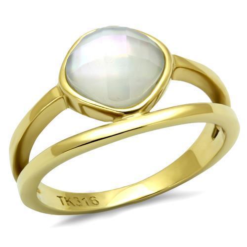 Rings for Womens Gold Round Stainless Steel Ring with Precious Stone Conch in White - Jewelry Store by Erik Rayo