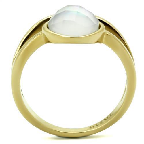 Rings for Womens Gold Round Stainless Steel Ring with Precious Stone Conch in White - Jewelry Store by Erik Rayo