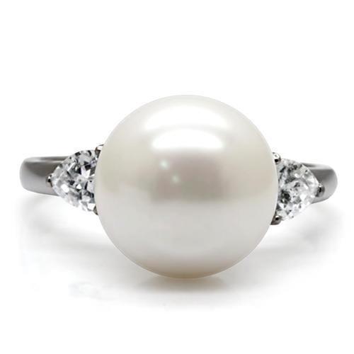 Womens Rings High polished (no plating) 316L Stainless Steel Ring with Synthetic Pearl in Aurora Borealis (Rainbow Effect) TK090 - Jewelry Store by Erik Rayo