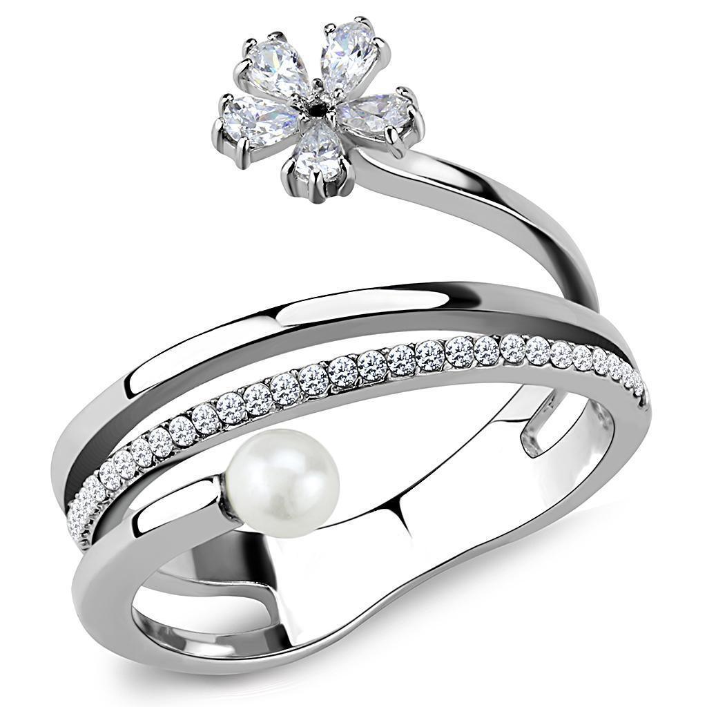 Womens Rings High polished (no plating) 316L Stainless Steel Ring with Synthetic Pearl in White DA059 - Jewelry Store by Erik Rayo