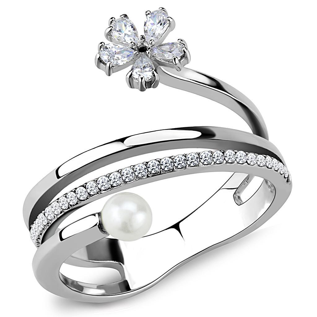 Womens Rings High polished (no plating) Stainless Steel Ring with Synthetic Pearl in White DA059 - Jewelry Store by Erik Rayo