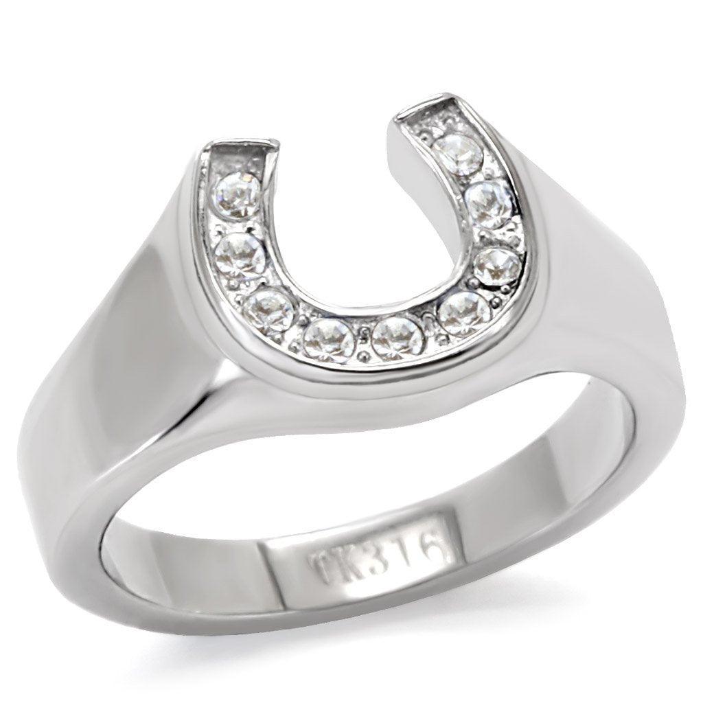 Rings for Womens Horse Shoe Cowgirl Silver Stainless Steel Ring with Top Grade Crystal in Clear - Jewelry Store by Erik Rayo