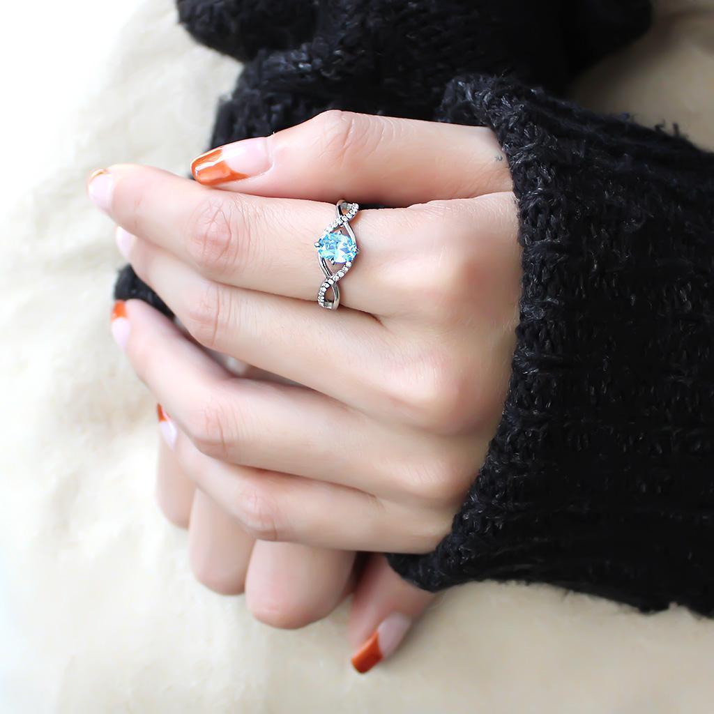 Rings for Womens Oval Sea Blue Stainless Steel Ring with AAA Grade CZ - Jewelry Store by Erik Rayo