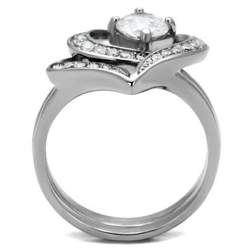 Rings for Womens Silver Heart Round Cut Stainless Steel Ring with AAA Grade CZ in Clear - Jewelry Store by Erik Rayo