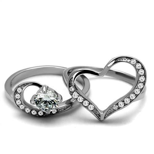 Rings for Womens Silver Heart Round Cut Stainless Steel Ring with AAA Grade CZ in Clear - Jewelry Store by Erik Rayo