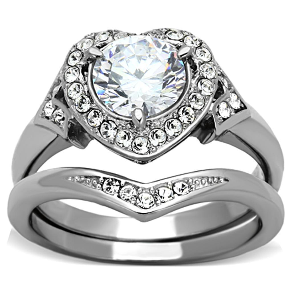 Rings for Womens Silver Heart Two in One Stainless Steel Ring with AAA Grade CZ in Clear - Jewelry Store by Erik Rayo