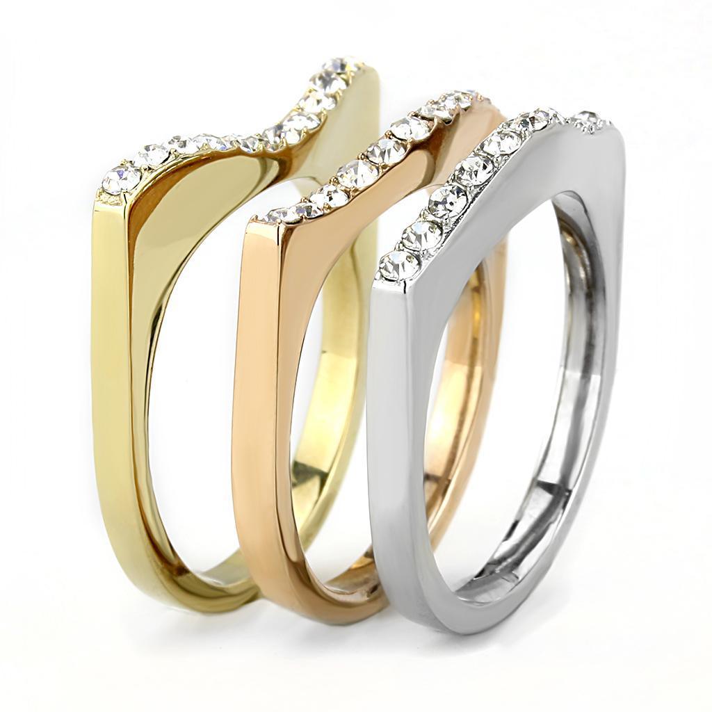 Rings for Womens Three Tone Gold & IP Rose Gold Stainless Steel Ring with Top Grade Crystal in Clear TK3234 - Jewelry Store by Erik Rayo