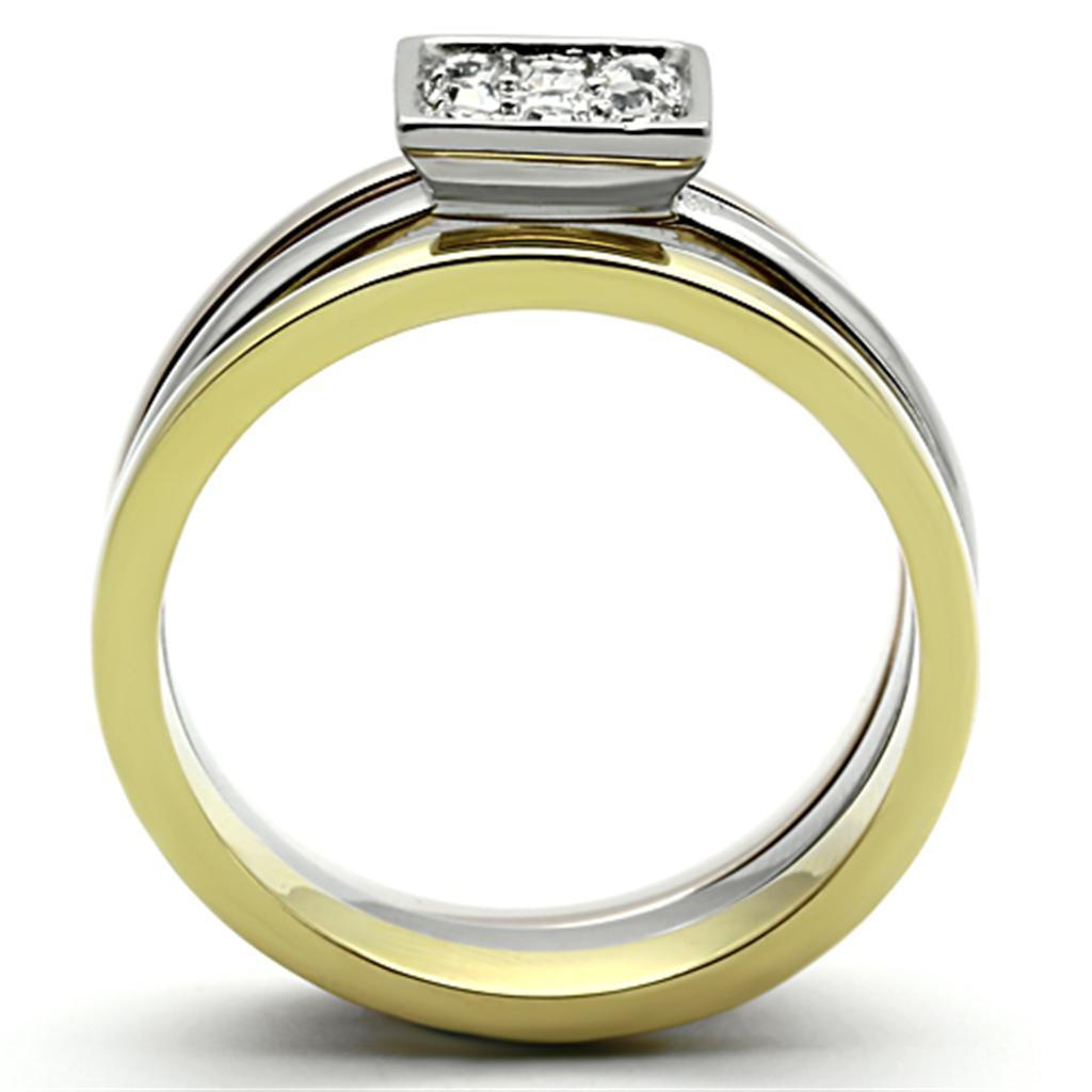 Rings for Womens Three Tone IP Gold & IP Rose Gold & High Polished) Stainless Steel Ring with Top Grade Crystal in Clear TK1277 - Jewelry Store by Erik Rayo