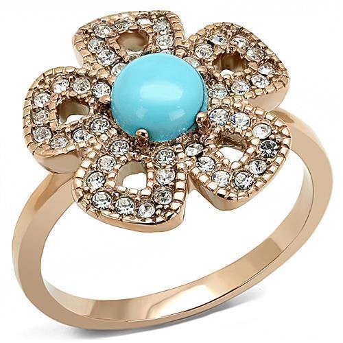 Womens Rose Gold Ring Anillo Para Mujer 316L Stainless Steel Ring with Synthetic Turquoise in Sea Blue Lanciano - Jewelry Store by Erik Rayo