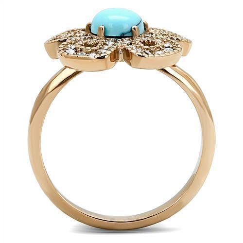 Womens Rose Gold Ring Anillo Para Mujer 316L Stainless Steel Ring with Synthetic Turquoise in Sea Blue Lanciano - Jewelry Store by Erik Rayo