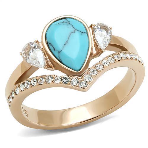 Womens Rose Gold Ring Anillo Para Mujer 316L Stainless Steel Ring with Synthetic Turquoise in Sea Blue Ortona - Jewelry Store by Erik Rayo