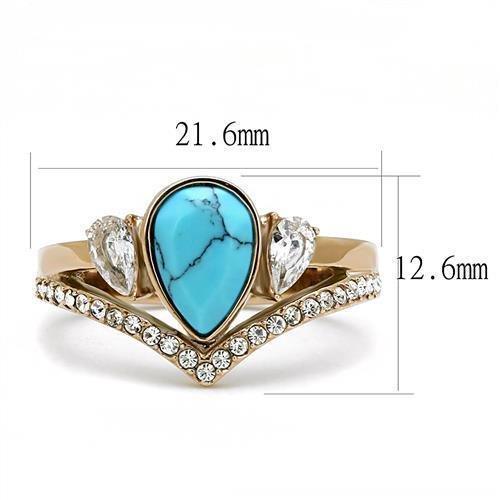 Womens Rose Gold Ring Anillo Para Mujer 316L Stainless Steel Ring with Synthetic Turquoise in Sea Blue Ortona - Jewelry Store by Erik Rayo