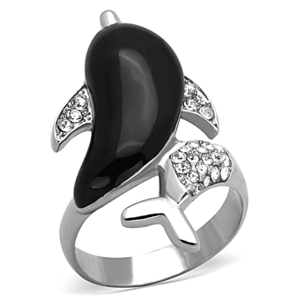 Womens Silver Dolphin Ring Black Anillo Para Mujer 316L Stainless Steel Ring with Glass in Emerald - Jewelry Store by Erik Rayo