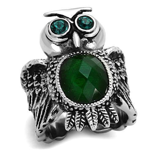 Womens Silver Owl Ring Emerald Green Anillo Para Mujer 316L Stainless Steel Ring with Glass in Emerald - Jewelry Store by Erik Rayo