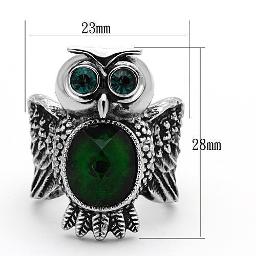 Womens Silver Owl Ring Emerald Green Anillo Para Mujer 316L Stainless Steel Ring with Glass in Emerald - Jewelry Store by Erik Rayo