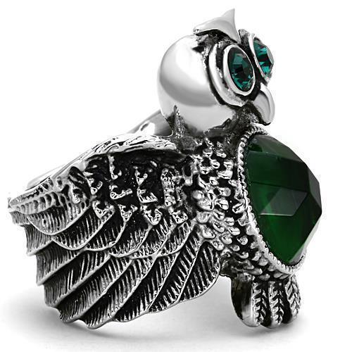 Womens Silver Owl Ring Emerald Green Anillo Para Mujer 316L Stainless Steel Ring with Glass in Emerald - Jewelry Store by Erik Rayo