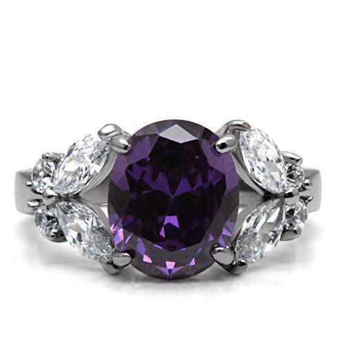 Womens Silver Rings High polished (no plating) 316L Stainless Steel Ring with AAA Grade CZ in Amethyst TK086 - Jewelry Store by Erik Rayo