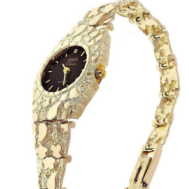 Womens Watch 10k Yellow Gold Nugget Link Bracelet Geneve Wrist Watch with Diamond 7.5 27.8 grams - Jewelry Store by Erik Rayo