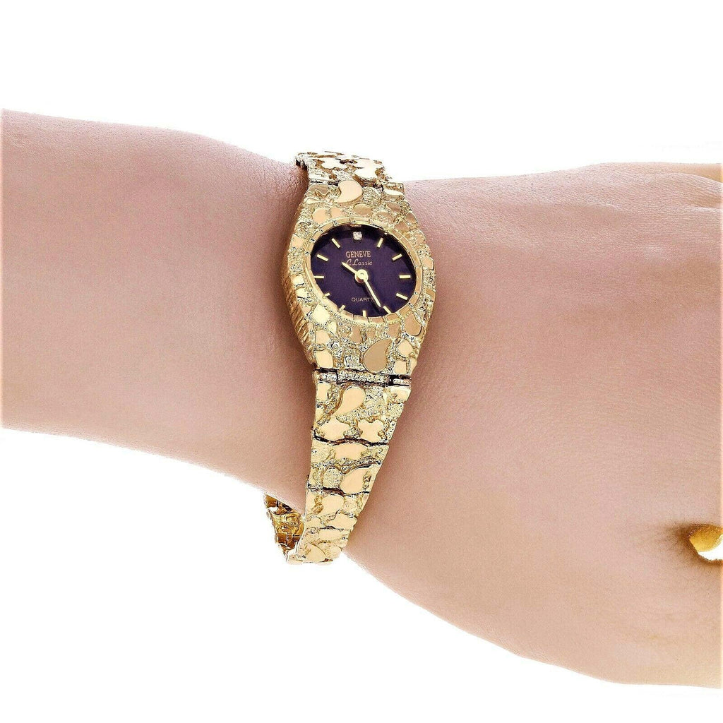 Womens Watch 10k Yellow Gold Nugget Link Bracelet Geneve Wrist Watch with Diamond 7.5 27.8 grams - Jewelry Store by Erik Rayo