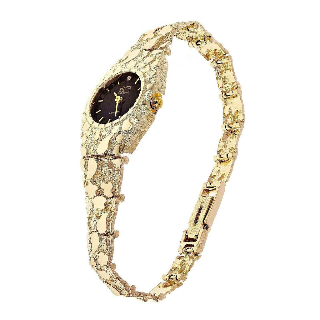 Womens Watch 14k Yellow Gold Nugget Link Bracelet Geneve Wrist Watch with Diamond 7-7.5 29.1 grams - Jewelry Store by Erik Rayo